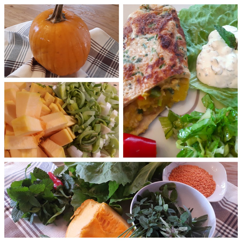 Kräuterpalatschinken mit Kürbisfülle